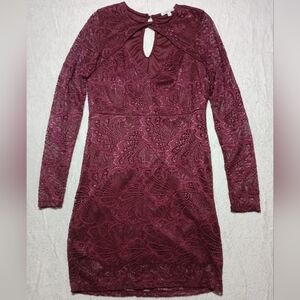 Charlotte Russe Elegant Lace Long Sleeve Dress in Deep Burgundy